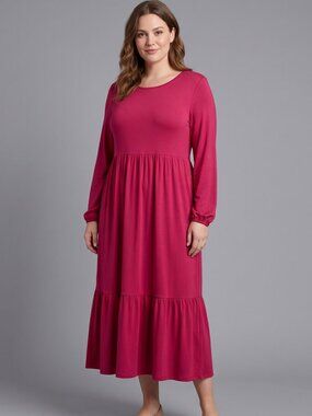 NWT | Fuchsia Pink Tiered Midi Dress | Long Sleeve | Vibrant | M